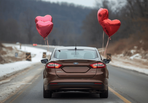 Keep Your Vehicle Performing Its Best with Preventive Maintenance Brown Ford sedan driving on a snowy road with red heart balloons tied to the trunk.